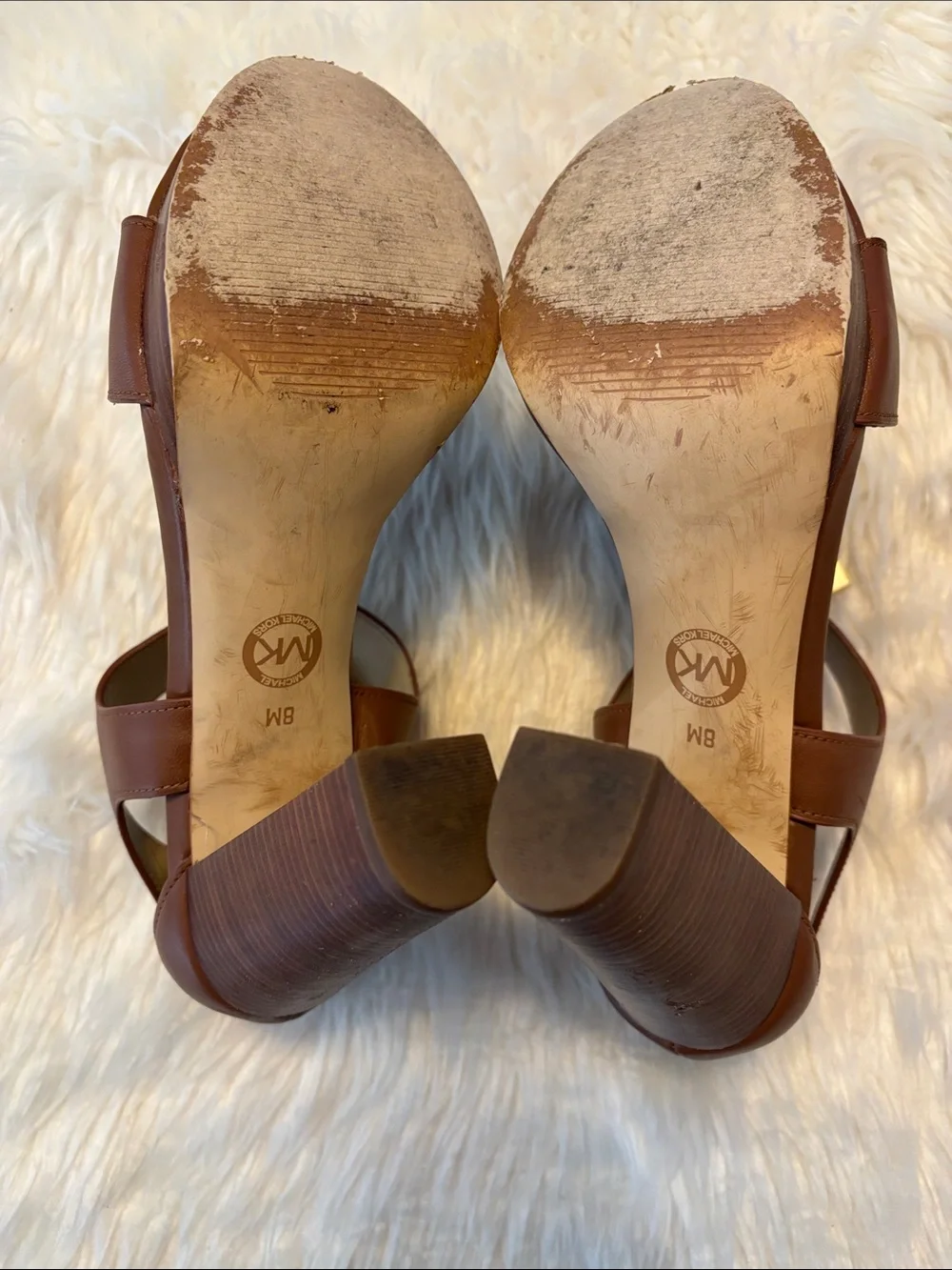 Michael Kors Cognac Leather Zip Front Block Heel Sandals 8M
